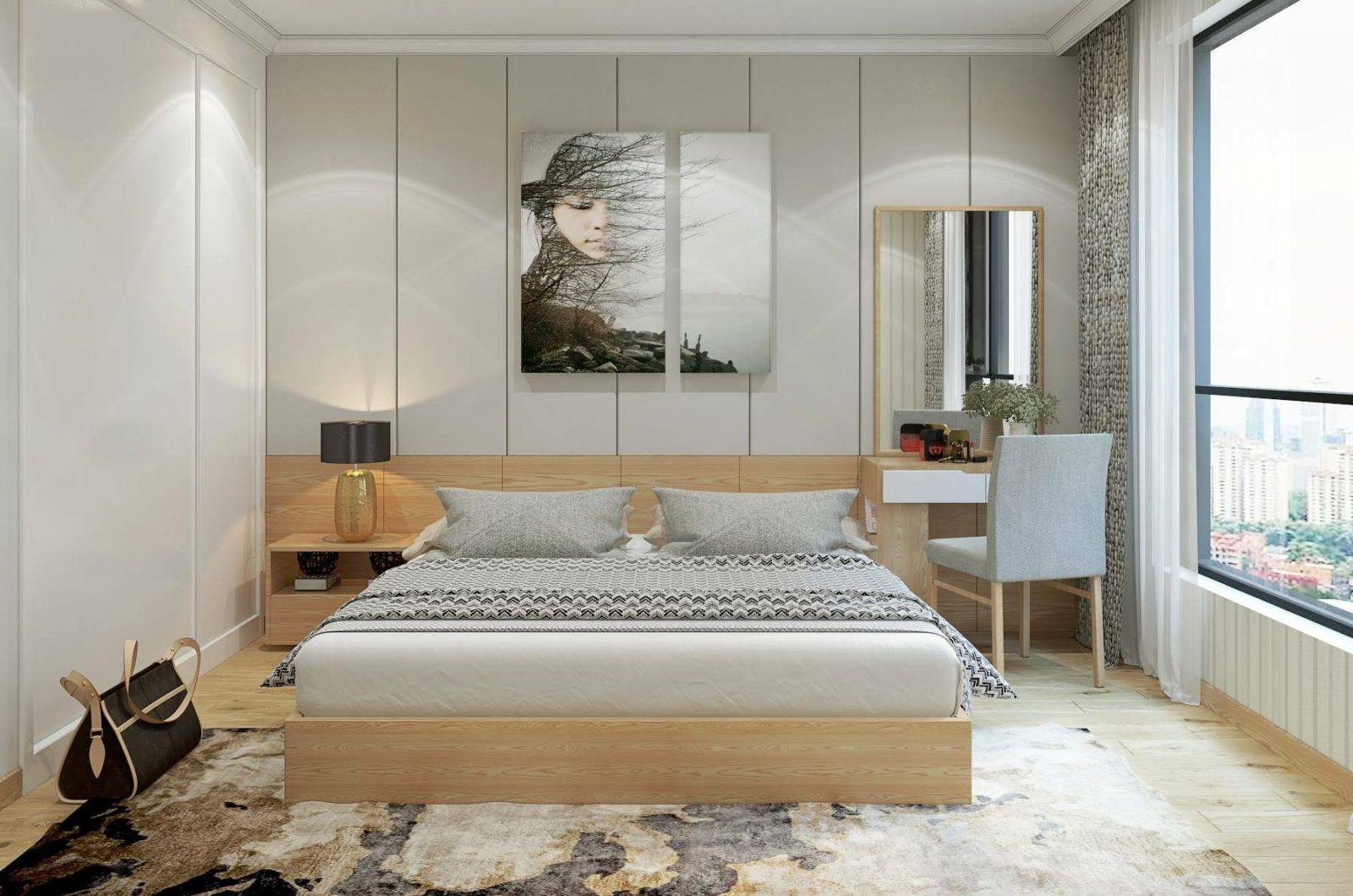 Mẫu giường ngủ ván công nghiệp hiện đại kèm tab đầu giường liền khối
